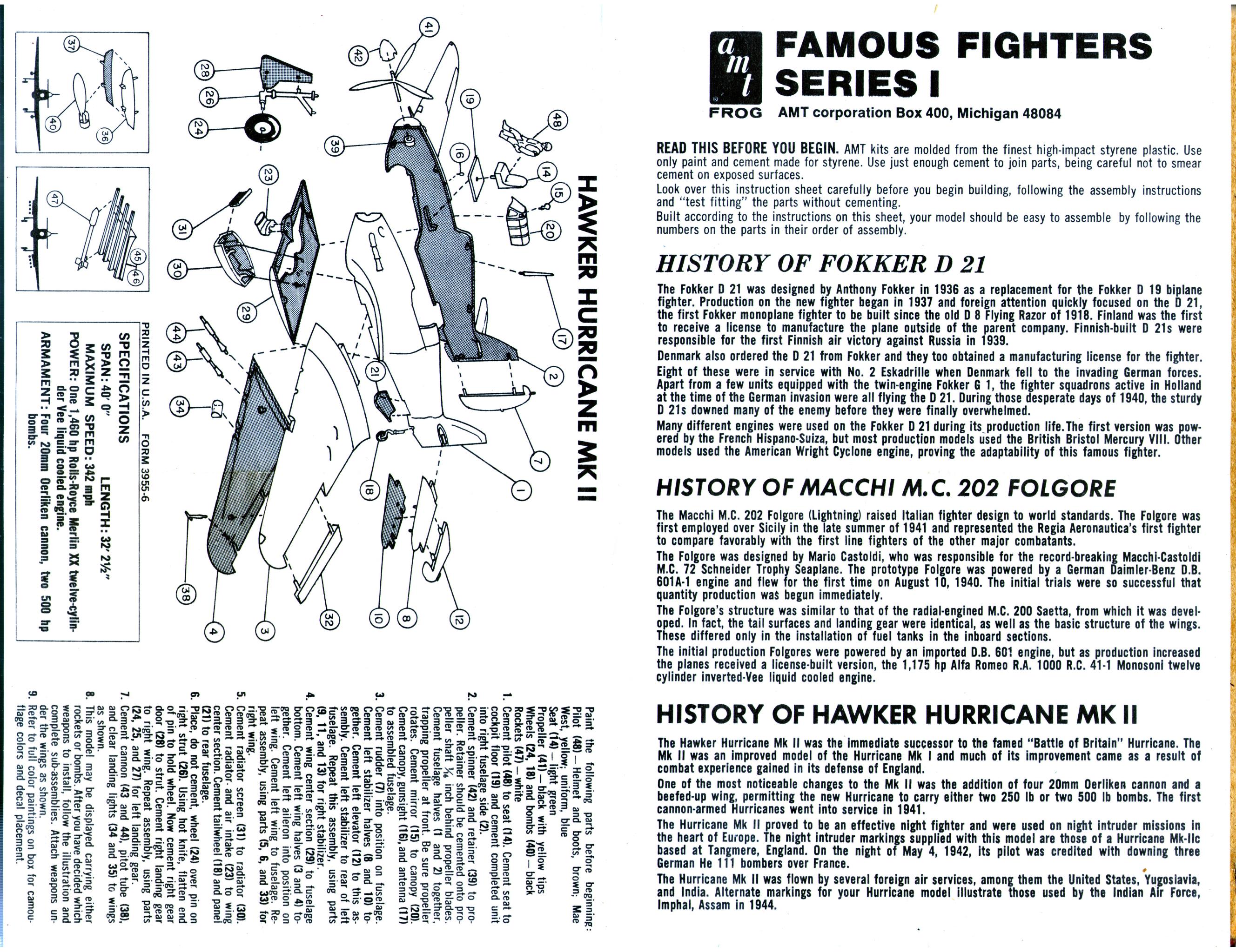 Инструкция amt 3955-130 Fokker D21, Famous Fighters Series I, American Metal Toys, 1969,